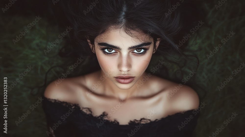 Fototapeta premium Close Up Portrait of a Young Woman with Dark Hair and Intense Gaze Wearing Black Lace Off Shoulder Dress Against Dark Green Background