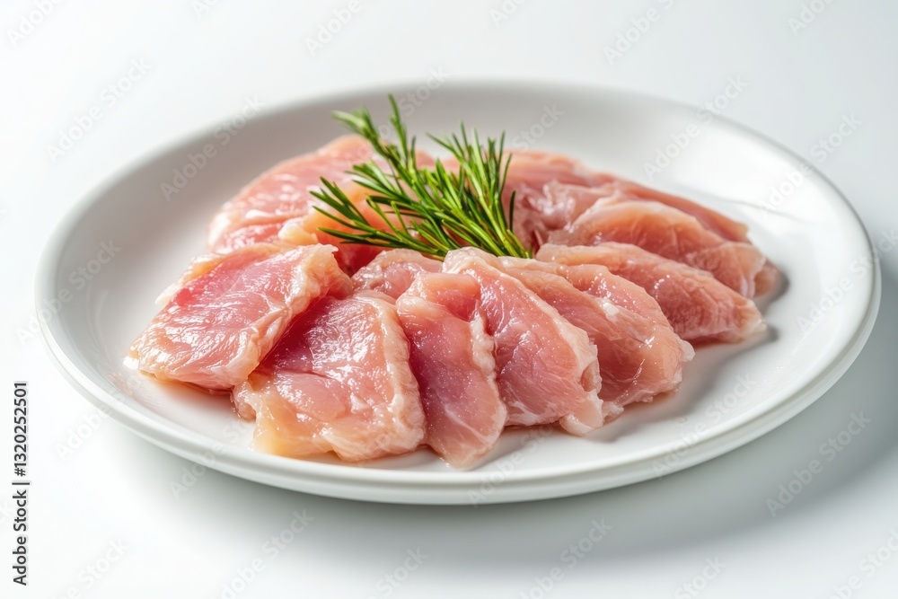 Fresh Slices of Raw Meat on White Plate with Rosemary Garnish Fresh Slices of Raw Meat on White Plate with Rosemary Garnish