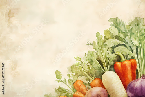 Fresh Harvest of Colors: A vibrant watercolor painting showcases a bountiful array of fresh, organic vegetables, evoking the essence of health and natural goodness.