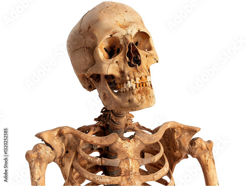 Detailed Anatomical Study of a Human Skeleton: A Close-Up View of the Skull and Upper Torso