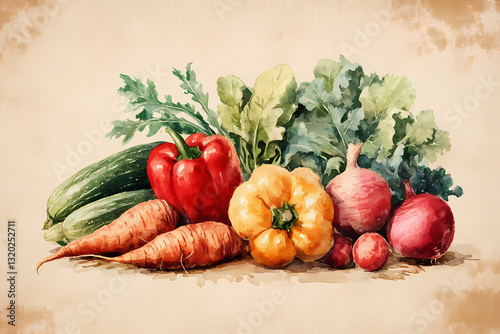 Vintage Watercolor Vegetable Harvest: A vintage watercolor illustration of a bountiful harvest, featuring plump red and yellow bell peppers, vibrant carrots, fresh green zucchinis.