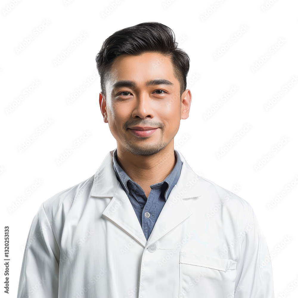 Professional Male Doctor Smiling in White Lab Coat with Blue Shirt Against White Background Professional Male Doctor Smiling in White Lab Coat with Blue Shirt Against White Background