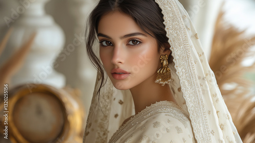 Elegant Beige Churidar with Delicate Embroidery and Modern Accessories in Minimalist Setting