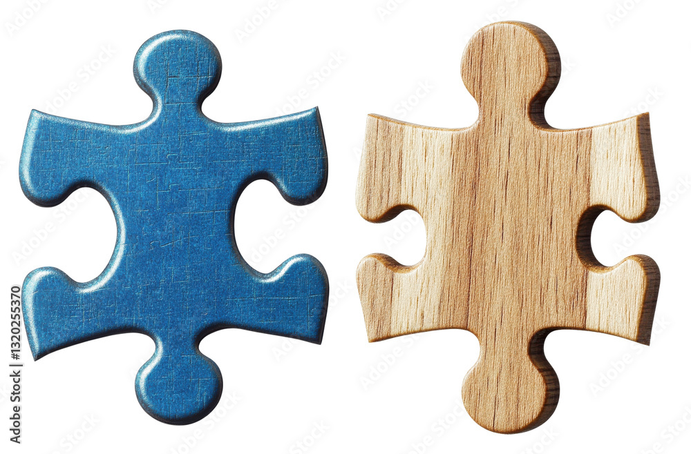 blue and wood puzzle pieces on white background blue and wood puzzle pieces on white background