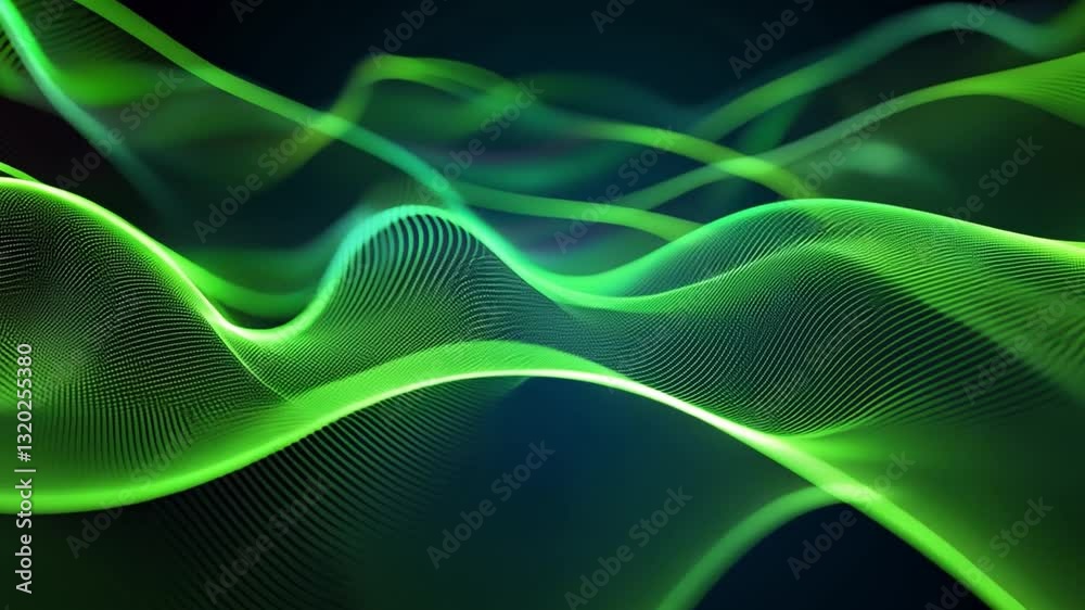 Abstract green wave: Dynamic abstract artwork of luminous green flowing wave forms, representing energy, data, or a futuristic concept, creating a sense of movement and technological advancement. 