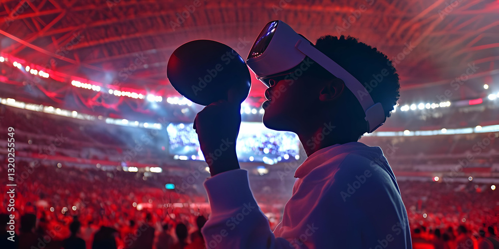 Person wearing VR headset interacts with virtual object resembling a ball in a stadium setting, illuminated by vibrant red and blue lighting; immersive digital experience.