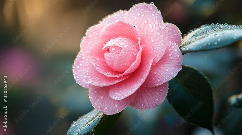 Pink camellia flower covered in morning dew generative ai Pink camellia flower covered in morning dew generative ai