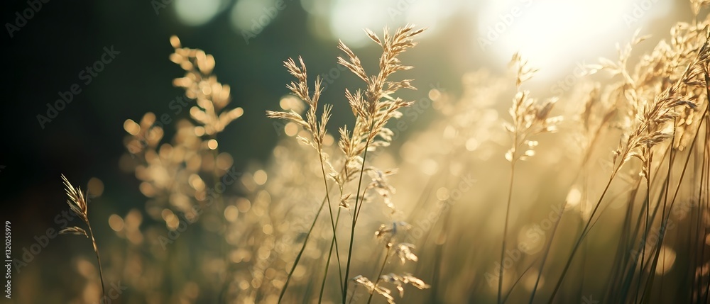 Fototapeta premium Close up of tall slender grasses with delicate seed heads gently swaying in a peaceful natural setting The contemporary cinematic lighting creates a moody atmospheric ambiance