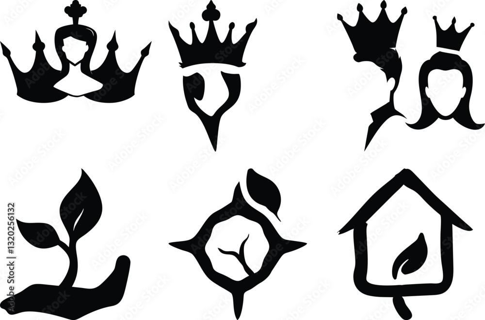 Black & White Icon Set: Crowns, Silhouettes of Royalty, Nature (Plant & Leaf), House Graphic Design Elements for Logo or Web Design Black & White Icon Set: Crowns, Silhouettes of Royalty, Nature (Plant & Leaf), House Graphic Design Elements for Logo or Web Design