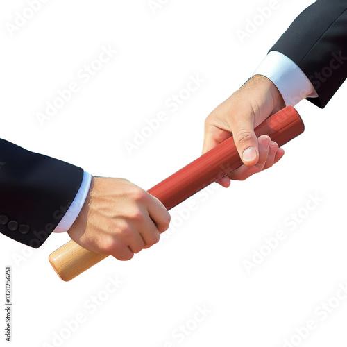 red baton passing hands in suits on white background