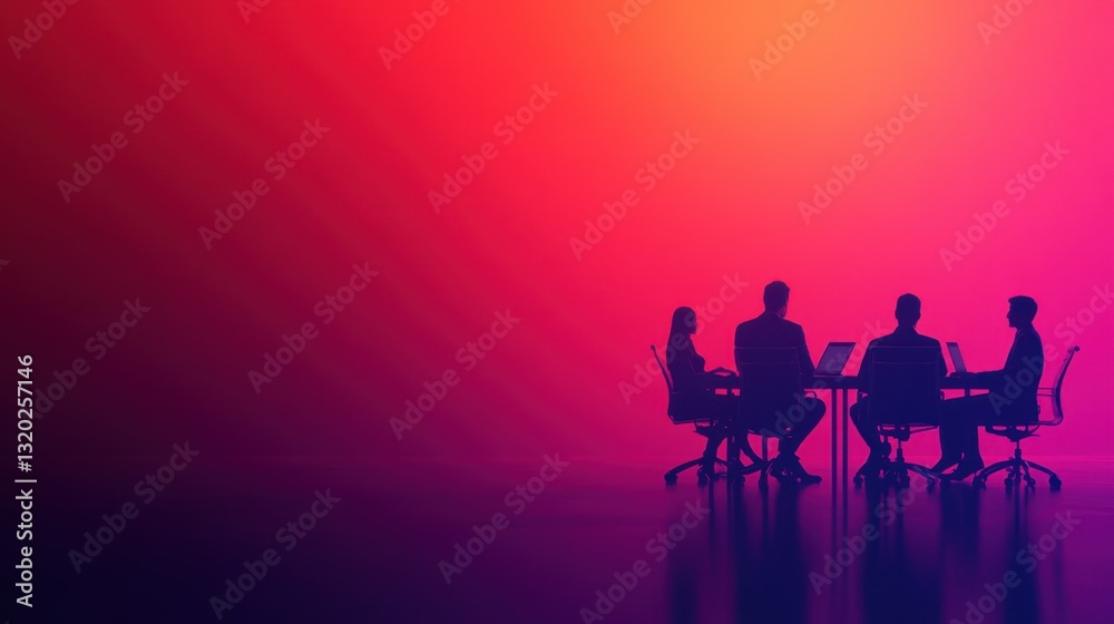Fototapeta premium Silhouettes of Professionals Engaged in Collaboration Around Conference Table Under Vibrant Gradient Lighting in Modern Office Environment