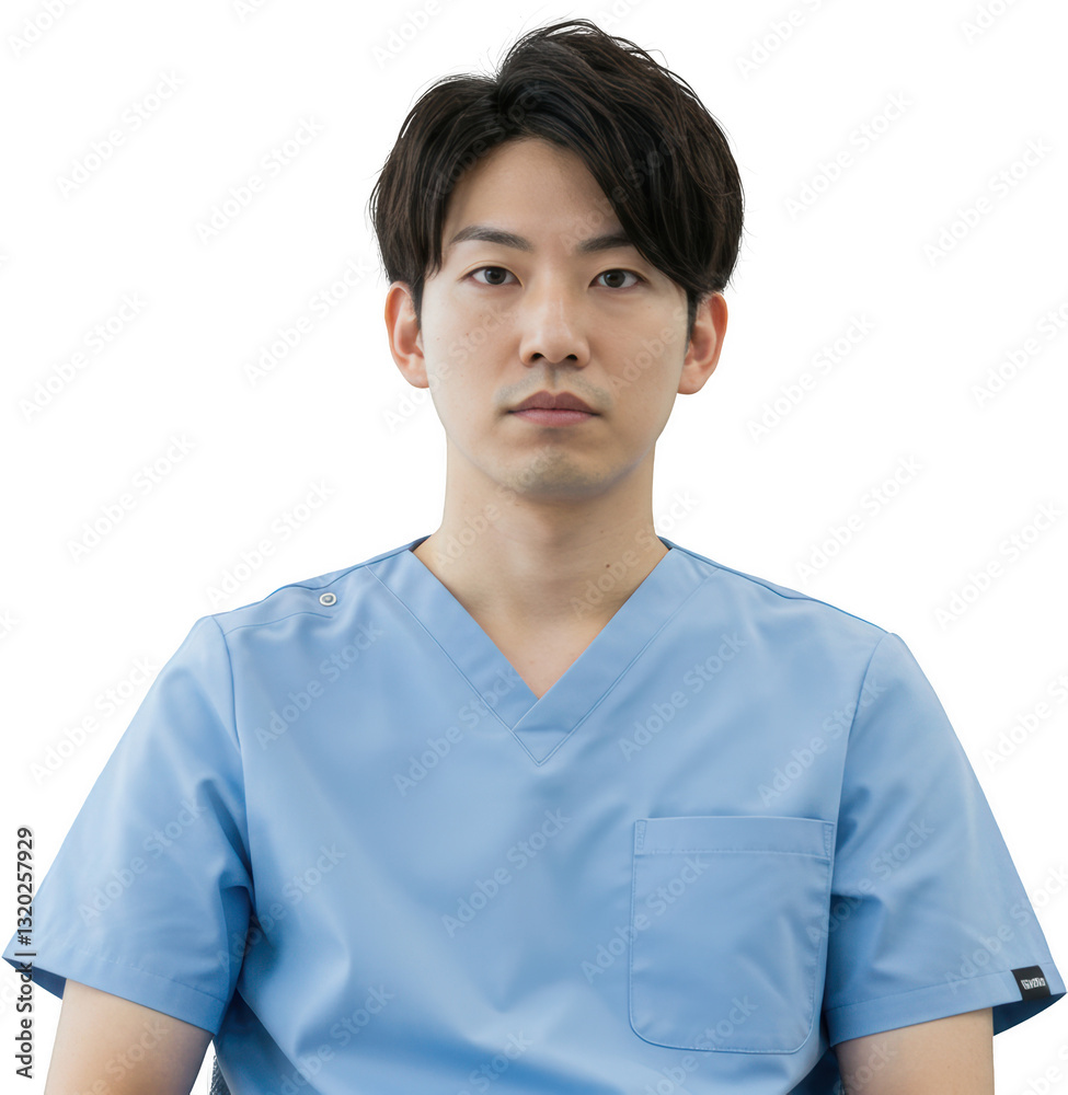 Portrait of a Confident Young Asian Male Doctor or Nurse in Light Blue Medical Scrubs Portrait of a Confident Young Asian Male Doctor or Nurse in Light Blue Medical Scrubs