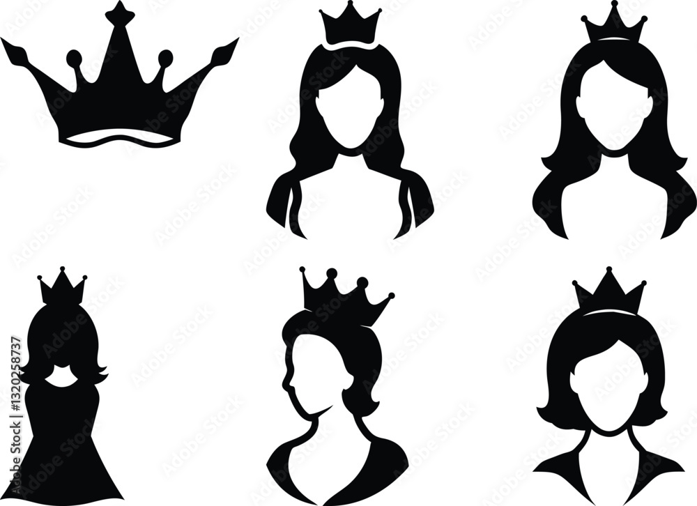 Fototapeta premium Princess Silhouette Vector Art: Crown Clipart, Queen Icon Set, Royalty Graphics, Black and White Design Elements for Crafts and Print