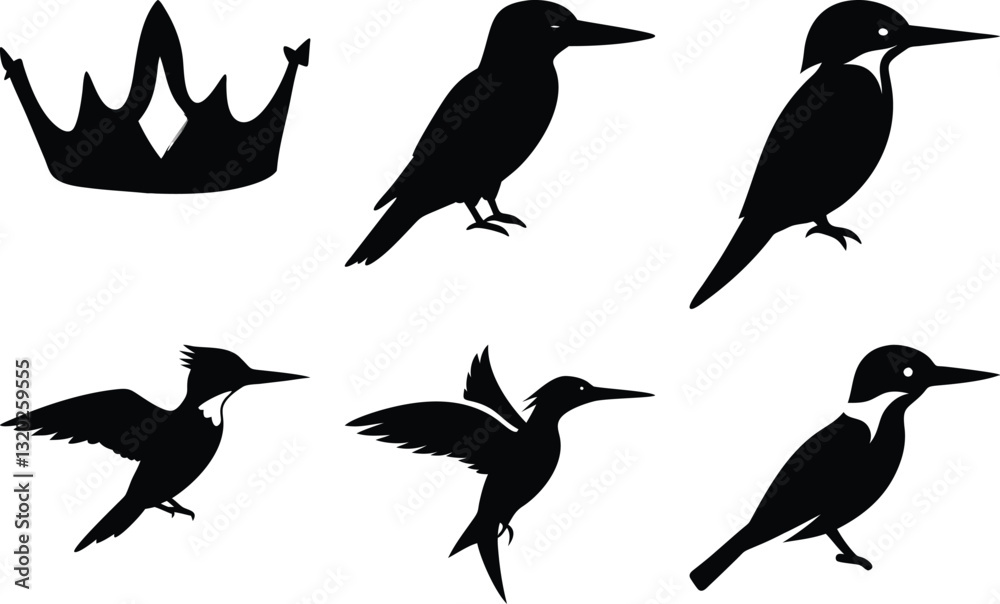 Obraz premium Black Silhouette Vector Art: Crown, Kingfisher Birds & Hummingbird Illustration for Graphic Design & Nature-Themed Projects