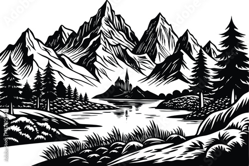 woodland landscape with mountains and lake vector silhouette. mountain landscape with fir trees and water vector