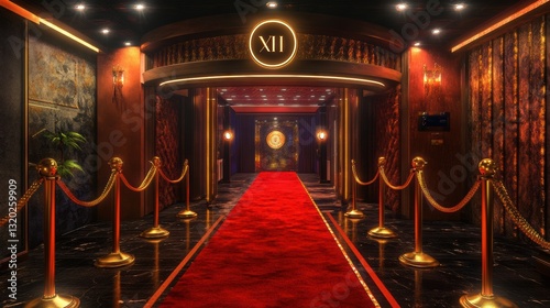 Luxurious casino VIP entrance with red carpet and golden ropes exudes exclusivity and glamour