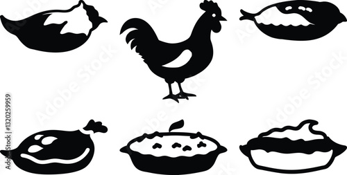 Black and White Chicken Pot Pie Graphic: Vector Silhouette Illustration of Poultry Dishes and Chicken Icon for Food Design Projects
