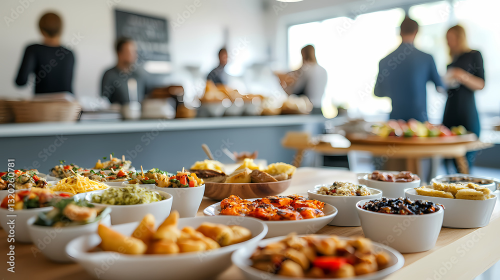 Fototapeta premium Delectable Delights: A tempting array of appetizers, ranging from fresh salads to savory finger foods, are displayed at a modern cafe counter, with a blur of people enjoying their meal. 