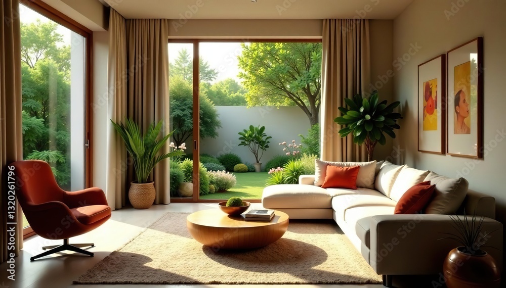 Fototapeta premium Sun-drenched living area, velvet seating, verdant garden, prestige, grand, comfort