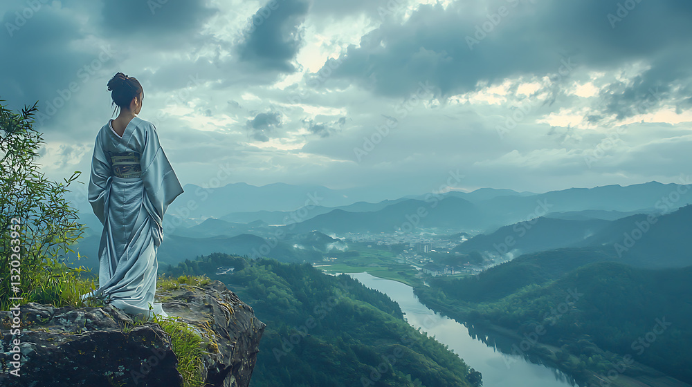 Naklejka premium A woman stands on a mountain top, looking out over a valley