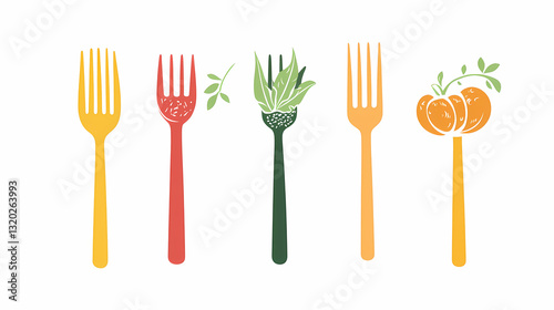 Forkful of Nature: A playful composition of colorful forks each holding a different natural element: a sprig of leaves, or a whole pumpkin.