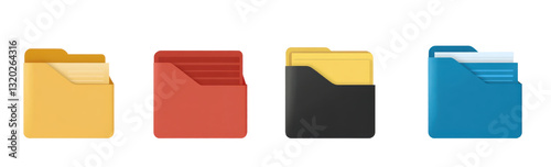 colorful folders with documents, digital file icons, isolated on white background