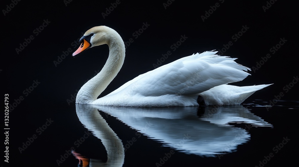 Fototapeta premium A solitary white swan floats gracefully on still dark waters