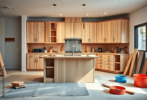 Unfinished modern kitchen island, exposed cabinetry, construction tools, dust, exposed, wires