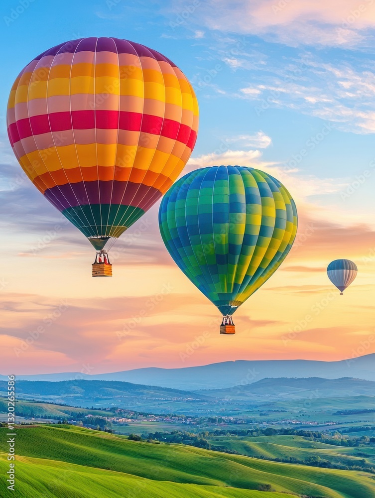 Obraz premium Colorful hot air balloons soaring over lush green hills during a vibrant sunset.