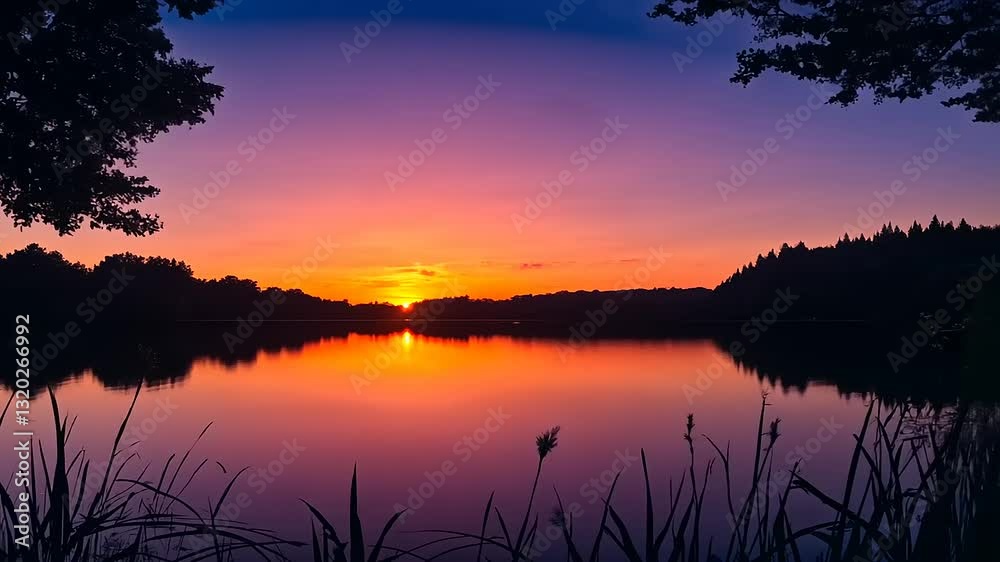 A serene sunset over a lake, reflecting vibrant colors in the water and surrounding nature. A serene sunset over a lake, reflecting vibrant colors in the water and surrounding nature.