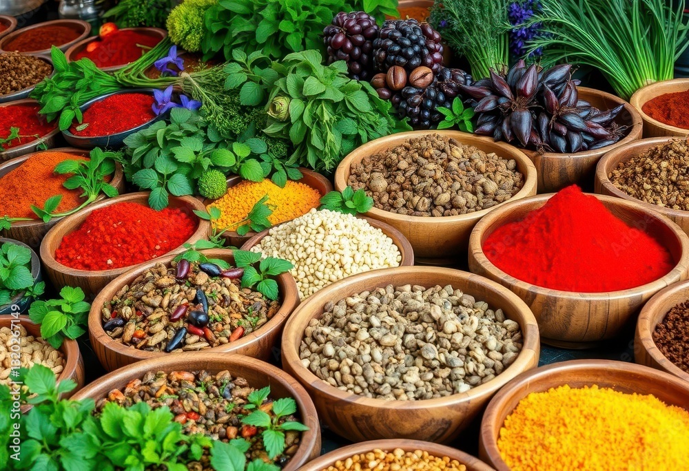 Fototapeta premium Vibrant spices and herbs in rustic wooden bowls overflow, creating a fragrant market display, close up, market