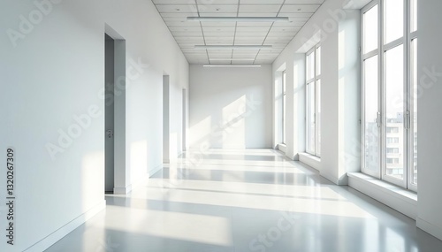 Spacious white office corridor, subtle shadows, contemporary feel, stark, shadow play