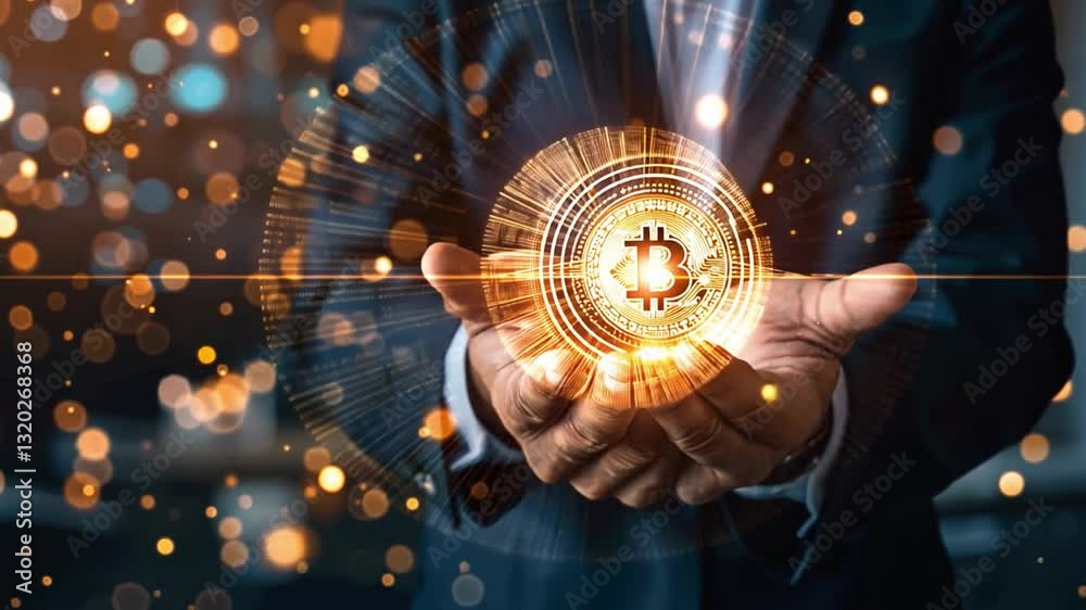 Bitcoin in Hands: A close-up shot of a professional holding a glowing bitcoin symbol in his hands, representing the future of finance and digital currency.
