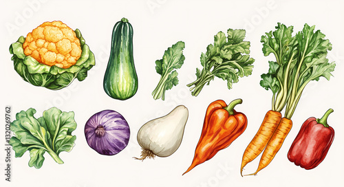 Vibrant Vegetable Collection: A delightful watercolor illustration showcasing a variety of fresh vegetables, including cauliflower, zucchini, parsley, carrots, bell peppers, red onion, and more.