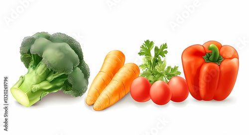 Vibrant Vegetable Trio: A fresh broccoli, two vibrant carrots, three cherry tomatoes, and a red bell pepper arranged in a visually appealing row, showcasing their natural colors and textures.