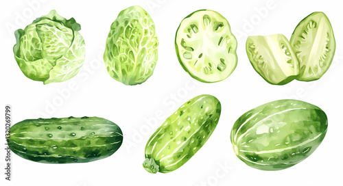 Fresh Green Vegetables Watercolor: A vibrant watercolor painting showcases an array of fresh, verdant vegetables. Highlighting healthy food choices and natural, organic produce.