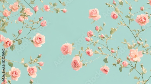 Wallpaper Mural Pink roses and buds on branches across blue background Torontodigital.ca