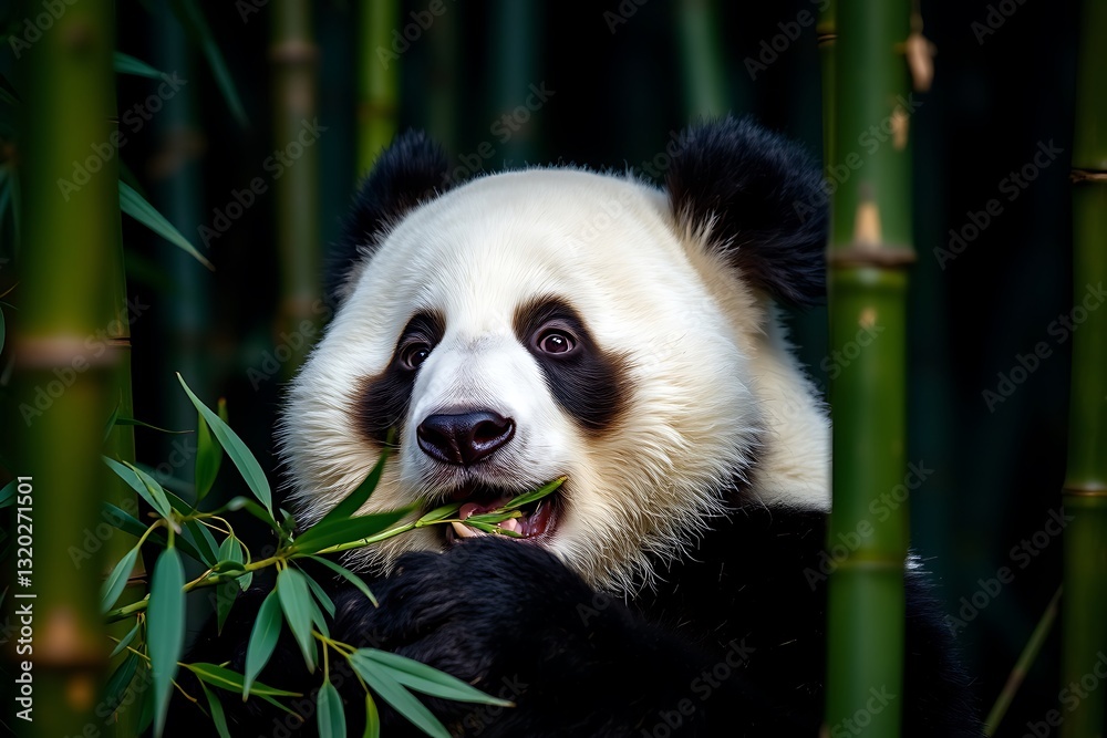 Obraz premium Panda Is Eating Bamboo, Surrounded By Greenery, With Its Distinct Black And White Markings Highlighted In Natural Lighting