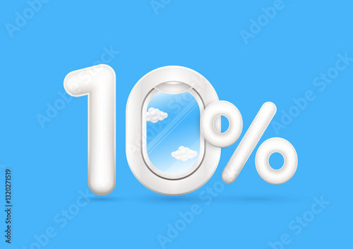 ATravel season promotion up to 10 off. Number one and cloud in airplane window with the percent symbol is in front on a blue background. For design tourism advertising media. 3D Vector.