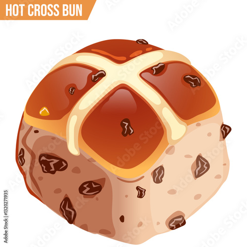 Festive Hot Cross Bun Isolated. Easter Holiday Treat Detailed Illustration