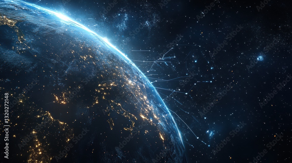 Fototapeta premium Night view of planet Earth showcasing light lines of global communication and connection in a digital world