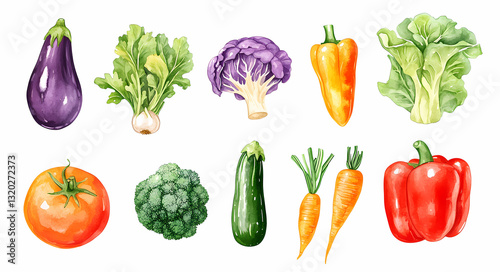 Vibrant Vegetable Watercolor Set: A colorful array of fresh, hand-painted vegetables in a watercolor style, perfect for culinary and health-related projects.