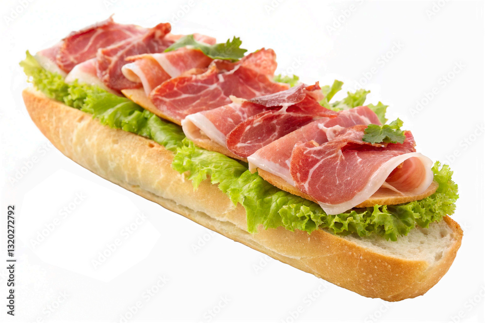 Prosciutto slices on a baguette with fresh lettuce, presented on a white background - generated by ai Prosciutto slices on a baguette with fresh lettuce, presented on a white background - generated by ai