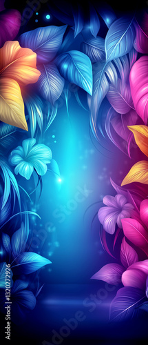 Colorful image of flowers with a blue background. The flowers are in various colors and are arranged in a way that creates a sense of depth and movement. Scene is one of beauty and tranquility