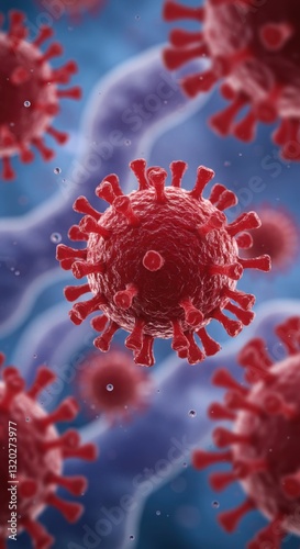 Macro red virus particles floating in microscopic detail, study of infectious diseases structure and movement in lab, purple background. World Health Day. Copy space