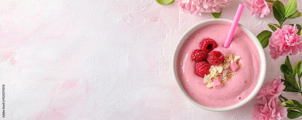 Delicious pink smoothie topped with raspberries and surrounded by flowers. Delicious pink smoothie topped with raspberries and surrounded by flowers.