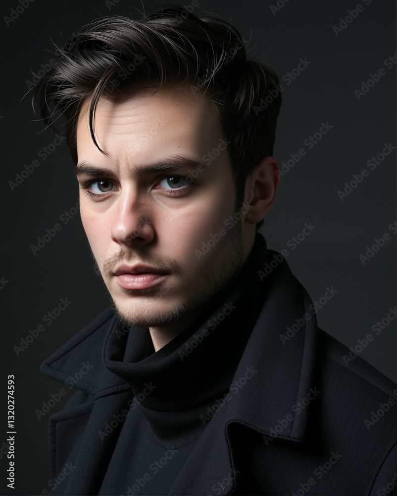 Obraz premium A close-up portrait of a young man with styled hair, wearing a dark coat, set against a dark background, exuding a serious and contemplative expression.