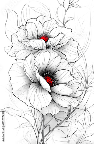 Line art drawing of white roses, light gray background, bokeh effect, clipart with space for text in the center