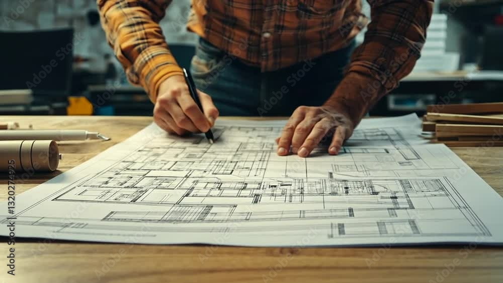 Architect carefully examines a blueprint at his wooden desk, making precise annotations