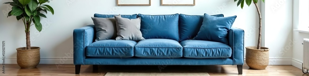Fototapeta premium Rustic blue sofa, white walls, farmhouse style, background, space